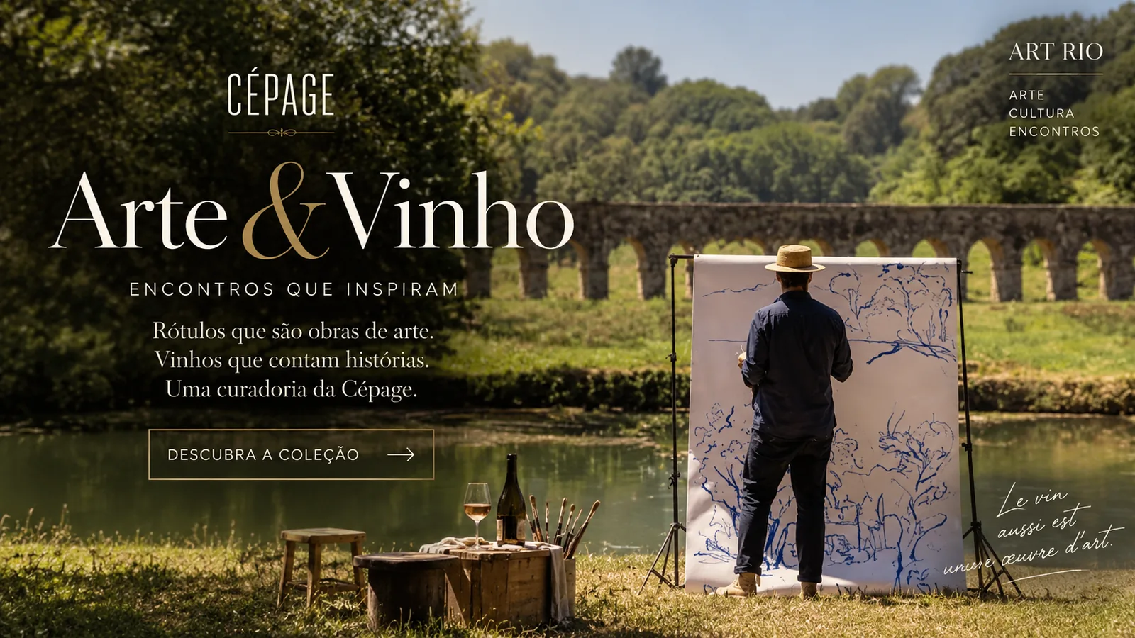 Arte e vinho: artista pintando ao ar livre com uma taça de rosé, banner da curadoria Cépage durante a ArtRio