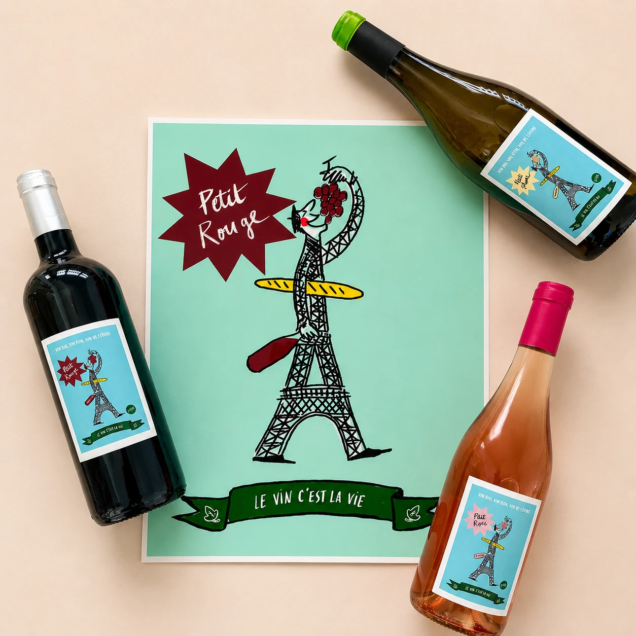 Os três vinhos Les Petits da Cépage em volta do desenho original de Gaële Flao