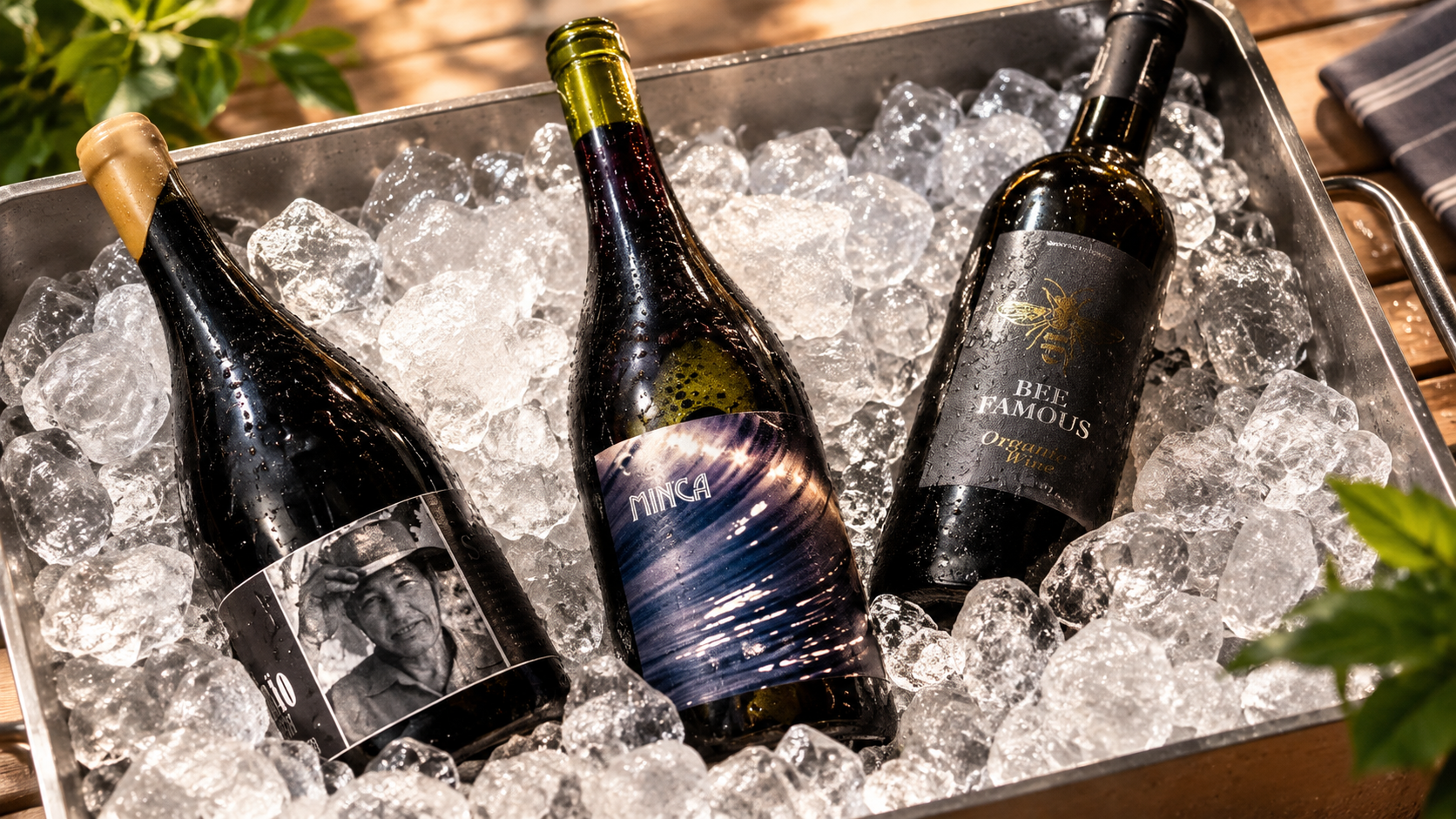 Garrafas de vinho tinto resfriadas em gelo para os dias quentes de verão